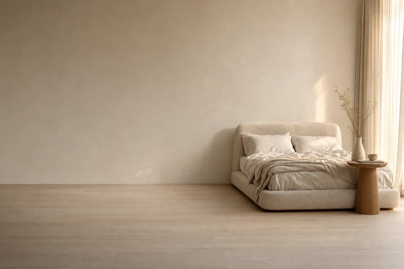 A bedroom at dawn with an oatmeal bouclé platform bed
